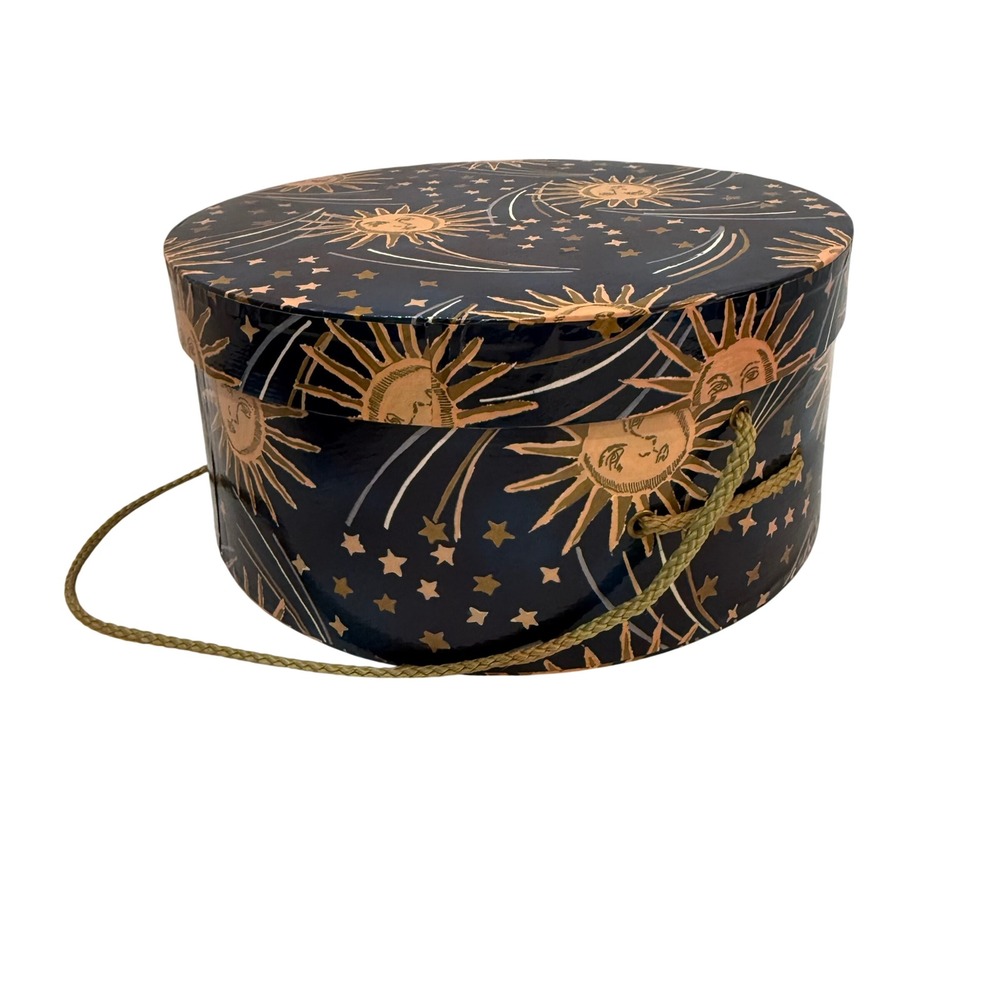 Vintage Celestial Sun Moon & Stars Hat Box – Navy & Gold 90s Y2K Witchy Mystical